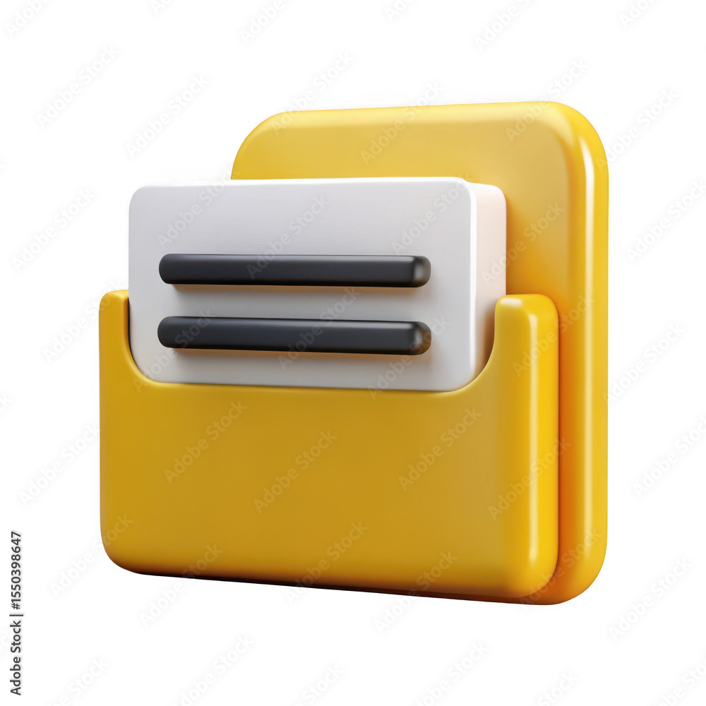 Poster 3d rendered yellow file folder icon with document isolated on transparent background