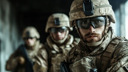 Fototapeta premium A close-up of soldiers in tactical gear with serious expressions, reflecting commitment, teamwork, and the intense focus required in military operations and training scenarios.