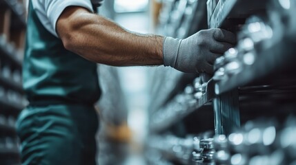 A worker in gloves is seen organizing items on a shelf in a modern warehouse, illustrating professionalism, hard work, and the efficiency of logistical operations in today's economy.
