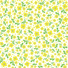 Different hand drawn vector botanical elements seamless repeat pattern. Random palced, yellow flowers with leaves aop, all over surface print on white background.
