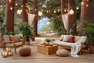 Fototapeta premium Cozy outdoor seating area surrounded by trees with decorative lights and plants