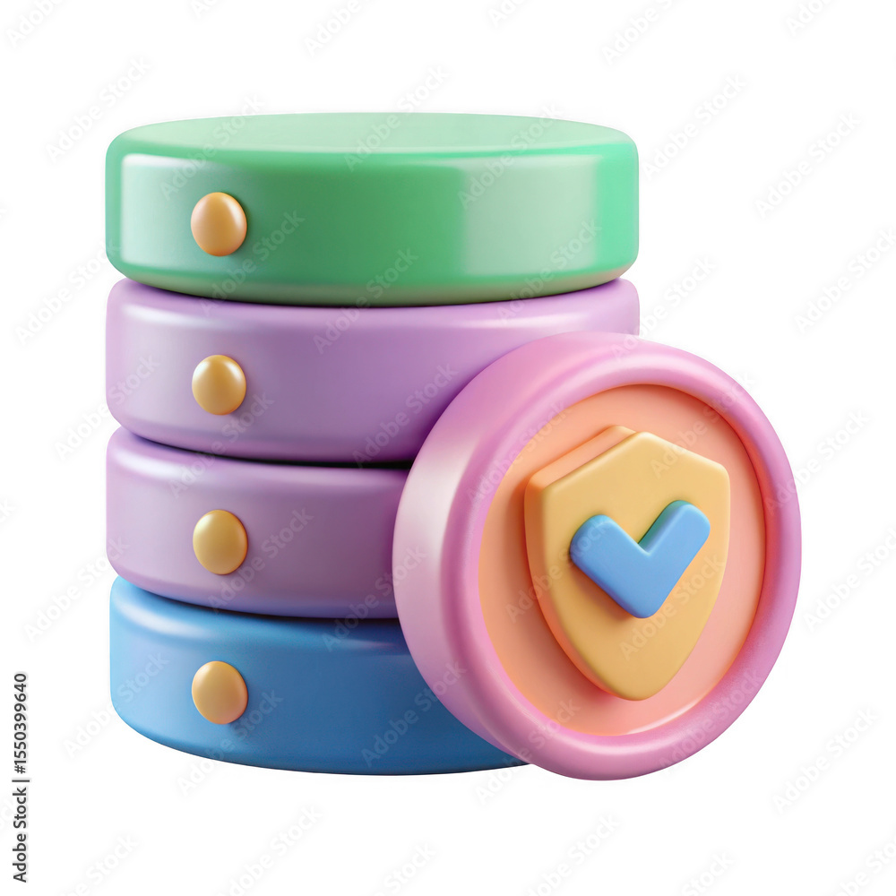 Poster 3d rendered pastel database with security shield isolated on transparent background