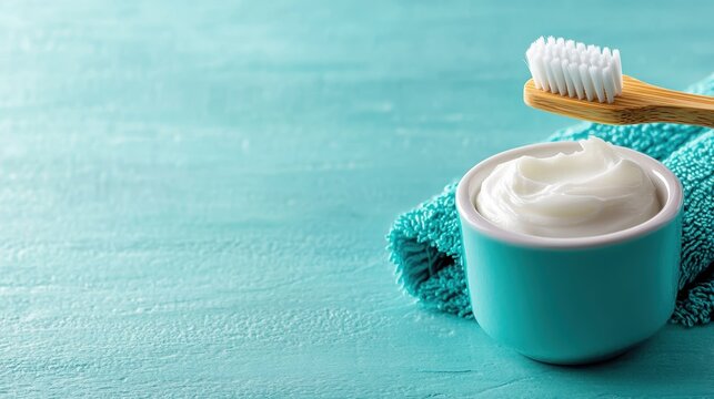 A clean, fresh scene featuring a bowl of natural toothpaste beside a bamboo toothbrush, promoting sustainable oral care with a calming aesthetic in a bright ambiance.
