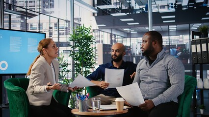 Group argument in a corporate office between diverse professionals, involving negotiation conflict...