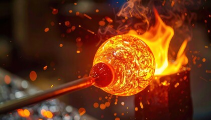 Molten glass being shaped with rod in hot flame during traditional glassblowing process
