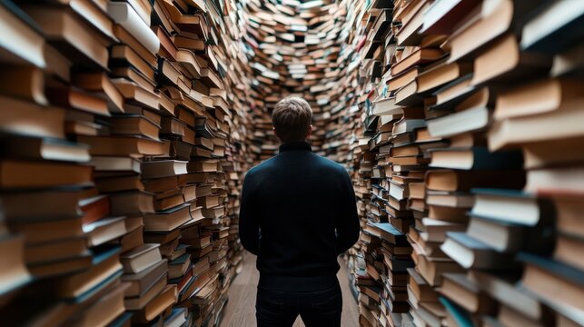 A figure standing amidst towering stacks of books in a grand library, representing knowledge, exploration, and the journey of learning through literature.
