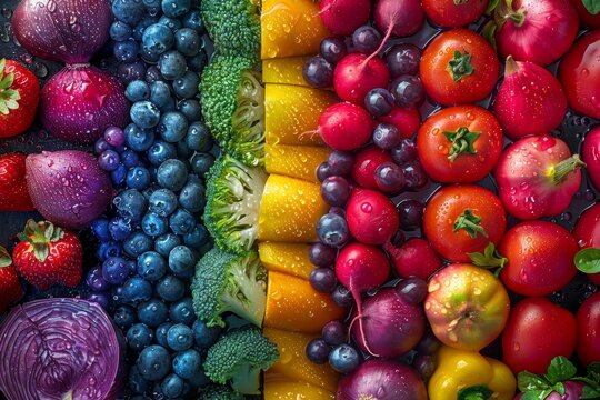 Fresh fruits and vegetables arranged in a vibrant rainbow palette