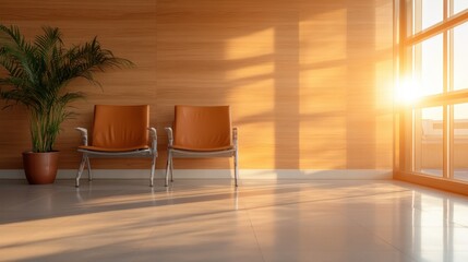 Fototapeta premium This serene waiting area features minimalistic design, warm wooden walls, and vibrant greenery, creating a tranquil environment filled with natural light and warmth.