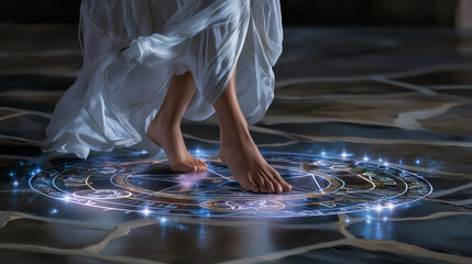 A woman performing a spell with magical symbols drawn in chalk