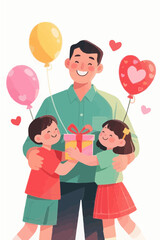 Father’s Day Illustration – Dad Hugging Children with Balloons and Gift