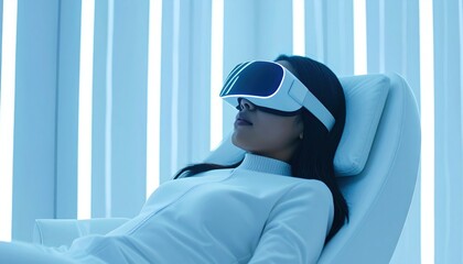 A futuristic relaxation pod where a person experiences virtual reality in a serene, high-tech environment representing wellness trends and immersive technology