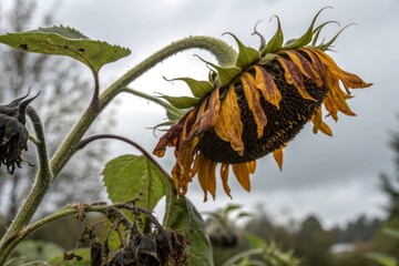 Obraz premium Decaying sunflower with drooping head, blackened petals.