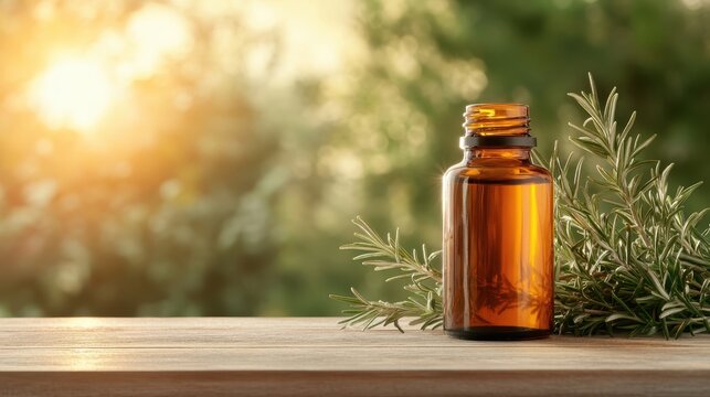 A beautifully arranged amber bottle filled with essential oil is placed outdoors, accompanied by fresh rosemary sprigs, evoking feelings of wellness, relaxation, and natural beauty.