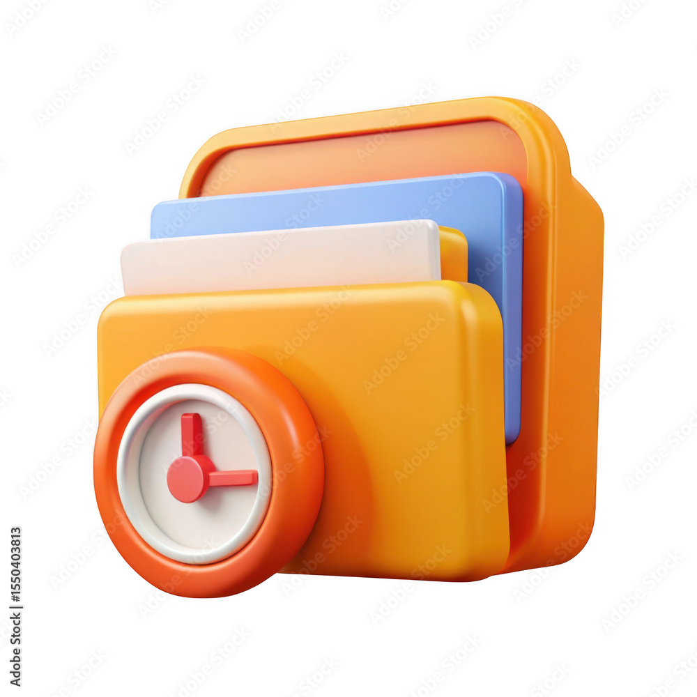 Poster 3d rendered file folder with clock icon isolated on transparent background