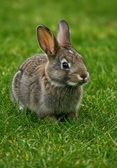Fototapeta premium Young Brown Rabbit Sitting in Green Grass