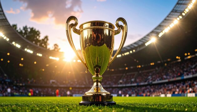 A golden trophy on a stadium field at sunset symbolizing victory, sports achievement, championship win or the pursuit of excellence