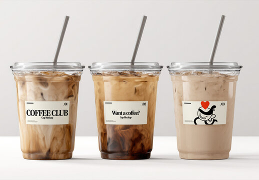 Iced Coffee Plastic Cup Mockup Set with Labels