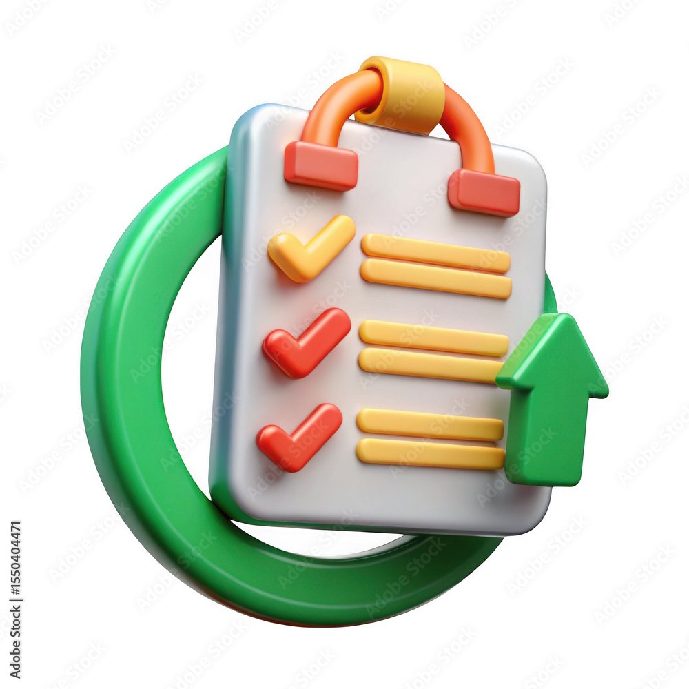 Poster 3d rendered checklist icon with upward arrow isolated on transparent background