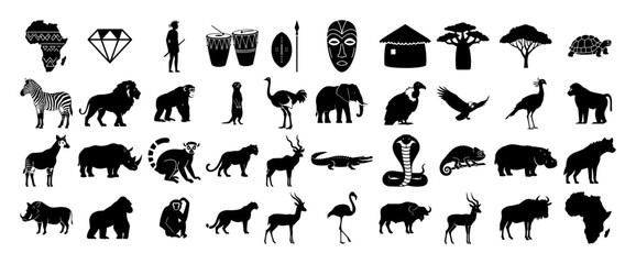vector set of african animals and tribal symbols in monochrome style