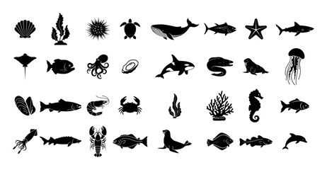 vector set of sea animals and ocean life in monochrome style