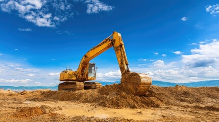 Bright yellow excavator digging on a construction site with a clear blue sky in the background