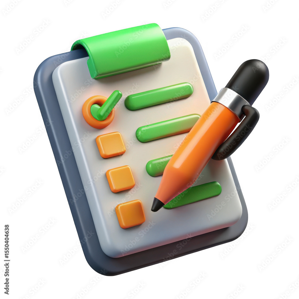 Poster 3d rendered checklist with pen isolated on transparent background