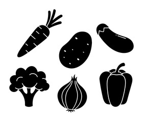 vector icons of vegetables in simple black silhouettes