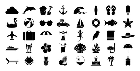 summer and vacation icon set with beach and travel symbols