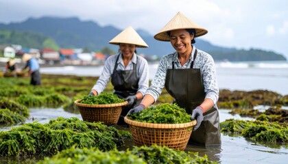 Women harvesting seaweed in coastal waters depicting sustainable aquaculture, traditional livelihoods, and rural marine economies