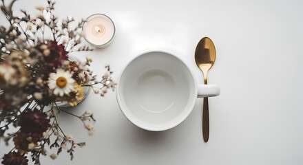 Serene Still Life: Empty Mug, Candlelight, and Dried Flowers for Wellness and Mindfulness