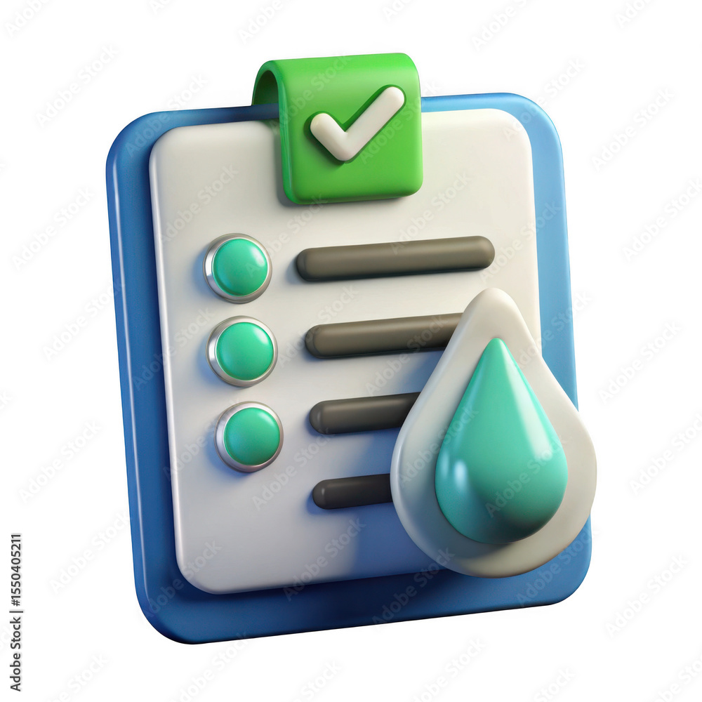 Poster 3d rendered checklist icon with water drop isolated on transparent background