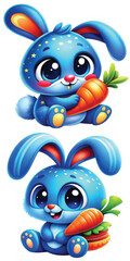 Fototapeta premium Cartoon blue bunny holding carrot and smiling with playful expression 
