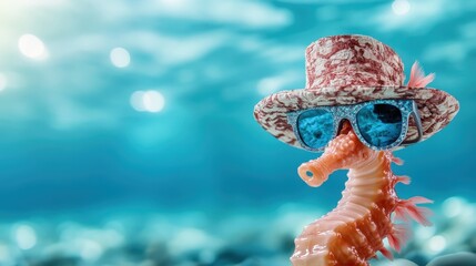 A whimsical seahorse wearing a fashionable hat and sunglasses swims through a vibrant aquatic backdrop, showcasing marine life with a touch of humor and flair.