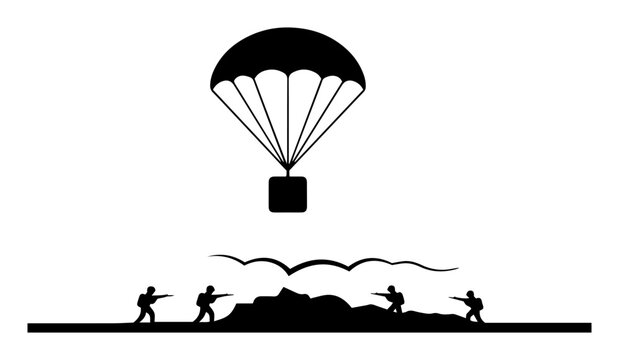 parachute delivery landing on battlefield with soldiers