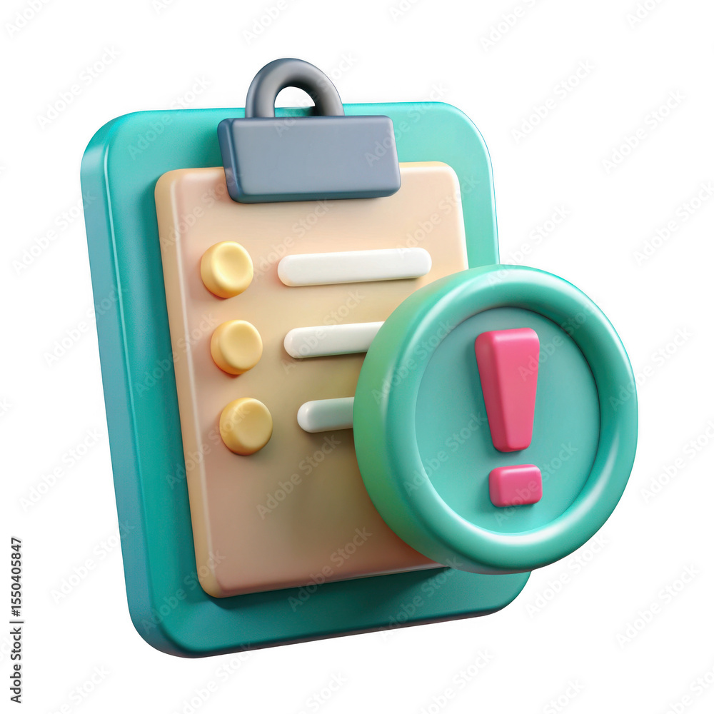 Poster 3d rendered checklist with warning icon isolated on transparent background