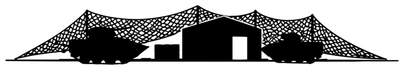 military base with camouflage netting and armored vehicles