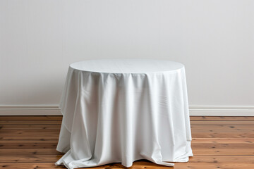 Round Table with White Tablecloth on Hardwood Floor