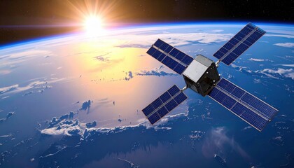 Obraz premium A satellite orbiting Earth as the sun rises over the horizon, perfect for themes related to space exploration, global communication, or futuristic technology