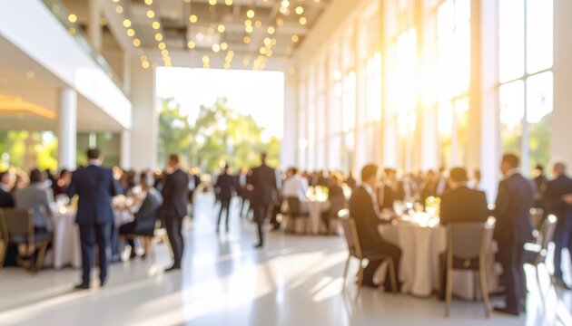 A formal event or conference in a sunlit hall, capturing the spirit of networking, business gatherings, or celebratory banquets