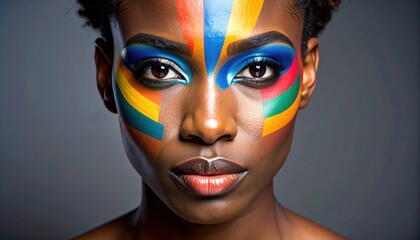 Conceptual face art symbolizing unity and diversity through vivid color patterns and symmetrical design for cultural celebration or creative campaigns