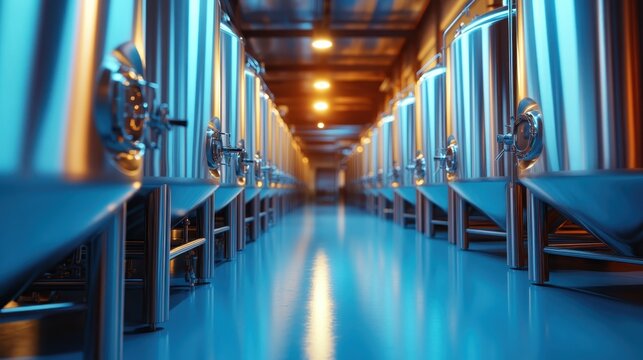 A row of shiny metal fermentation tanks reflects an innovative brewing process, emphasizing the blend of technology and craftsmanship in beverage production.