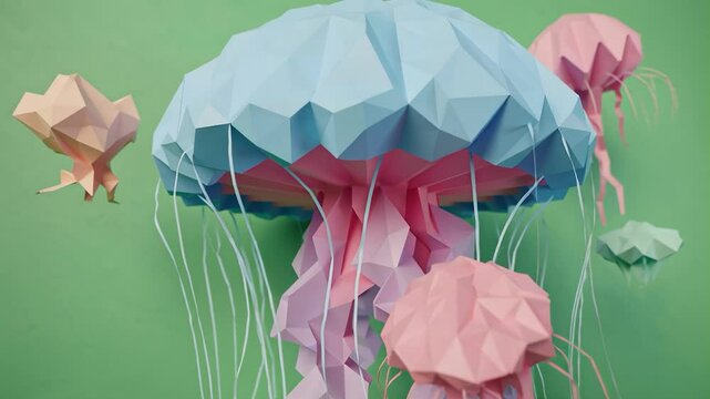 large jellyfish with long tentacles in low poly style on a colored background in bright pastel colors