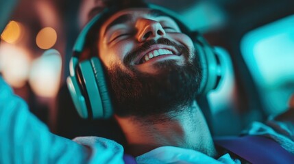 A joyful man relishes his favorite beats with stylish headphones, embodying pure bliss and relaxation while immersed in his musical experience on a vibrant journey.