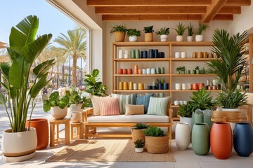 Fototapeta premium Colorful outdoor retail space showcasing ceramic pots and decorative plants.