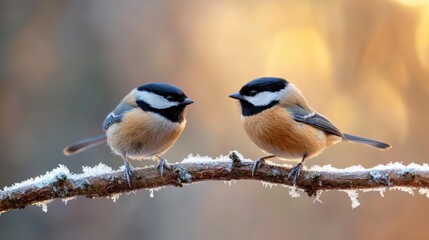Obraz premium A pair of beautiful birds perched closely on a frosted branch, capturing a serene moment of companionship in nature, showcasing delicate details against a soft, blurred background.
