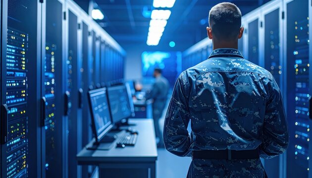 Military personnel inside a data center representing cybersecurity, defense technology, and national infrastructure protection in digital era