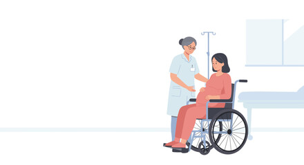 Illustration of a Pregnant Woman in a Wheelchair Being Assisted by a Nurse for Maternal Health Awareness and Support for High-Risk Pregnancies