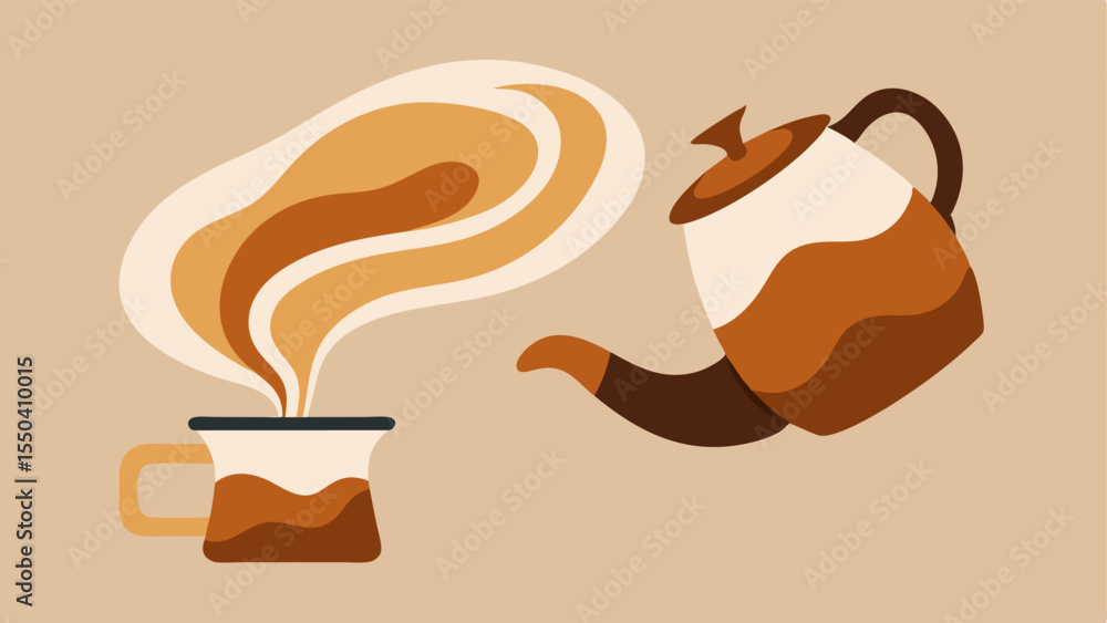 Poster cascading brown waves create a dynamic scene where a line representing coffee flows from a modern mi