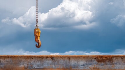 Crane hook descending toward steel beam ready for installation