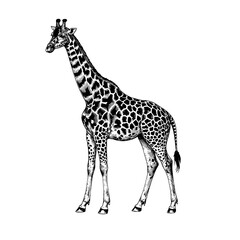 Obraz premium An elegant monochrome sketch of a majestic giraffe stands tall, showcasing its distinctive patterned coat, the giraffe's iconic stature commands attention and admiration. 